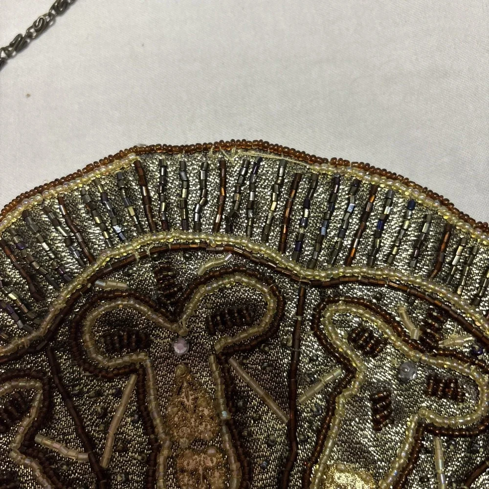 Vintage Beaded Evening Bag Clutch Purse Chain Strap Brown Gold Party‎ Crossbody